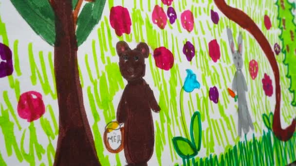 在森林里画一只熊和野兔 — 图库视频影像
