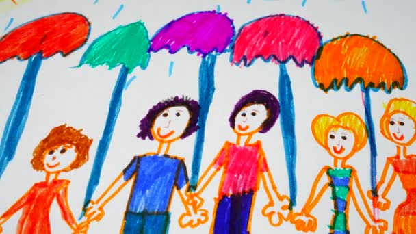 Big Family Umbrellas Rain Drawing — Stock Video