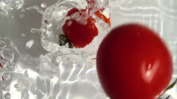 Cherry Tomatoes Falling Water Slow Motion — Stock Video