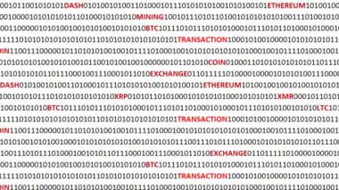 Dijital arka planda kripto para birimi. Bir program kodu ve kripto para birimlerinin arkaplanı.