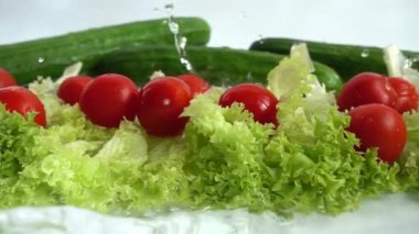 Suyun içinde turp, salatalık ve marul yaprakları. Yavaş çekim.