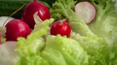 Suyun içinde turp, salatalık ve marul yaprakları. Yavaş çekim.