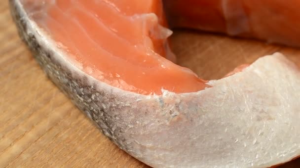Stake Salmon Stake Salty Salmon Wooden Kitchen Board — Stock Video