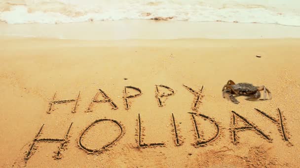 螃蟹和沙滩上的题词 在沙滩上度过愉快的假日 — 图库视频影像