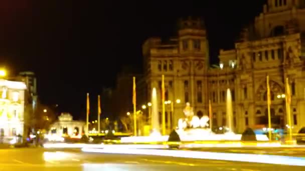 Cibeles Brunnen Madrid Nachtverkehr Madrid Zeitraffer — Stockvideo