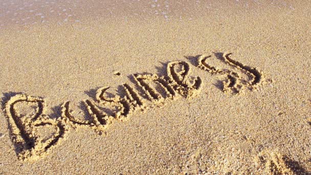 Inscription Business Sand Inscription Washed Away Sea Wave Shooting Beach — Stock Video