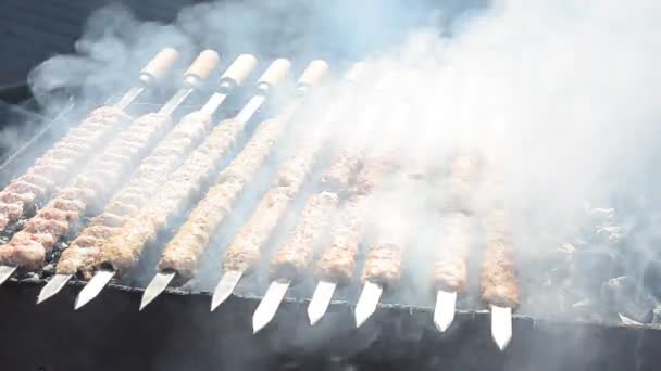 Egy Grillsütés Előkészítése Egy Brazilon Shish Kebab Készítésének Technológiája Egy — Stock videók