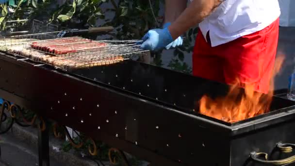 Proceso Preparación Barbacoa Brasero Tecnología Preparación Salchichas Brasero — Vídeos de Stock