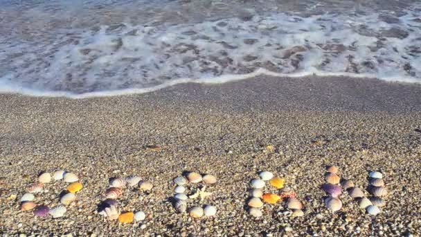 Επιγραφή Ωκεανού Στην Άμμο Πυροβολισμοί Στην Παραλία — Αρχείο Βίντεο