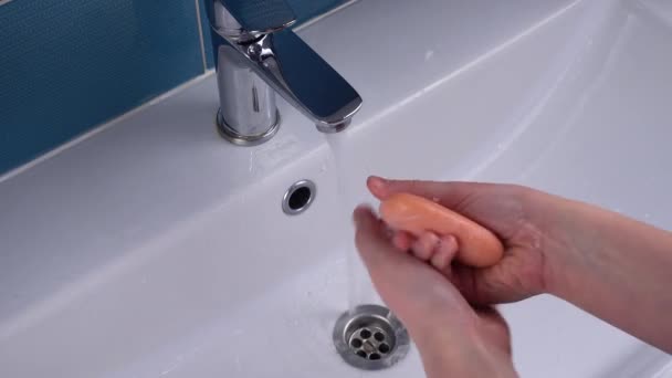 Girl Washes Her Hands Soap Washbasins — Stock Video