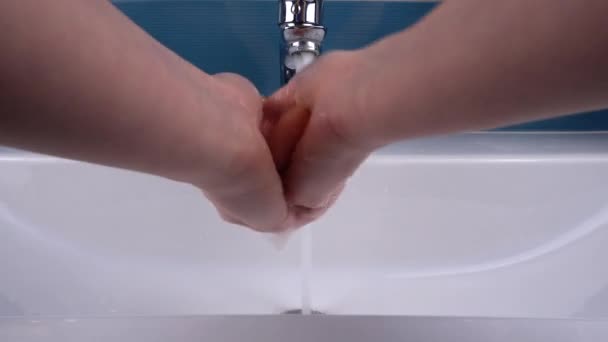 Girl Washes Her Hands Soap Washbasins — Stock Video