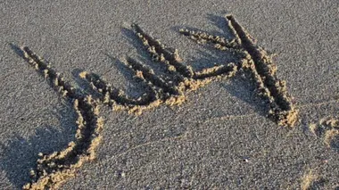 Kuma Temmuz yazıtları. Yazı bir deniz dalgası tarafından silinmiş. Sahilde çekim yapmak..