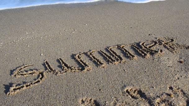 Verão Inscrição Areia Inscrição Lavada Por Uma Onda Marinha Tiro — Vídeo de Stock