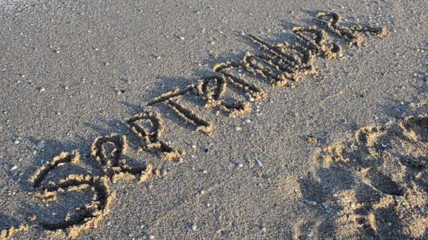 Inscription September Sand Inscription Washed Away Sea Wave Shooting Beach — Stock Video