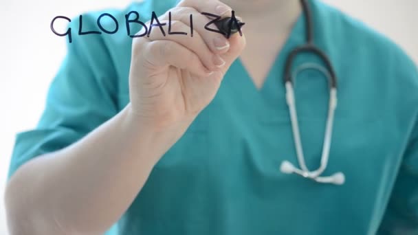 Globalisering Gezondheidszorg Tekenen Een Markering — Stockvideo