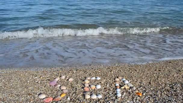 Inscriptie Zee Zand Schieten Het Strand — Stockvideo