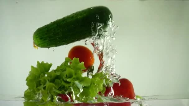 Foglie Lattuga Ravanello Pomodori Cetriolo Peperone Acqua Rallentatore — Video Stock