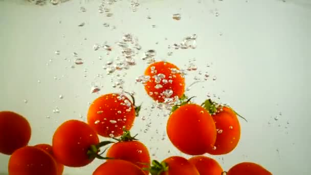 Cherry Tomatoes Fall Water Slow Motion — Stock Video