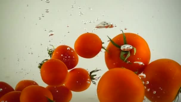 Tomaten Und Kirschtomaten Fallen Ins Wasser Zeitlupe — Stockvideo