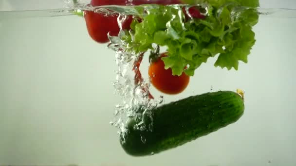 莴苣叶 西红柿 黄瓜和甜椒落水 慢动作 — 图库视频影像