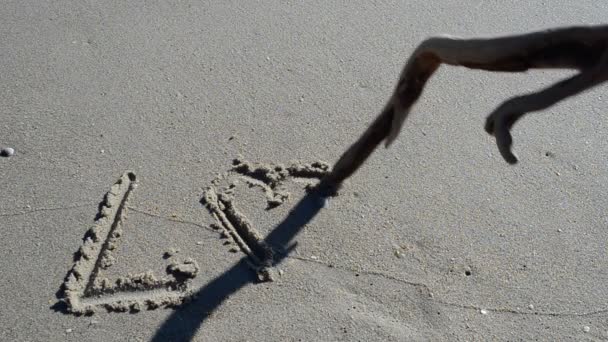 Ερωτική Ταμπέλα Στην Άμμο Στην Παραλία Πυροβολισμοί Στην Παραλία — Αρχείο Βίντεο