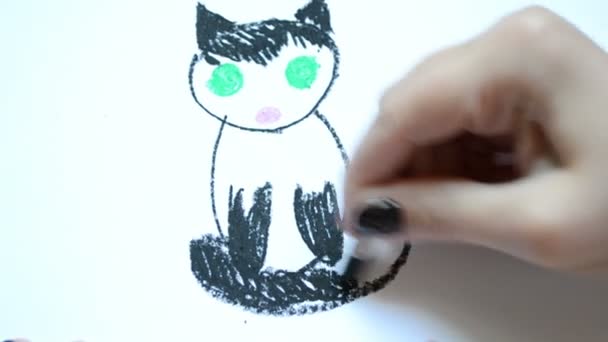 Crianças Desenhar Mulher Desenha Pastel Gato Processo Desenho — Vídeo de Stock