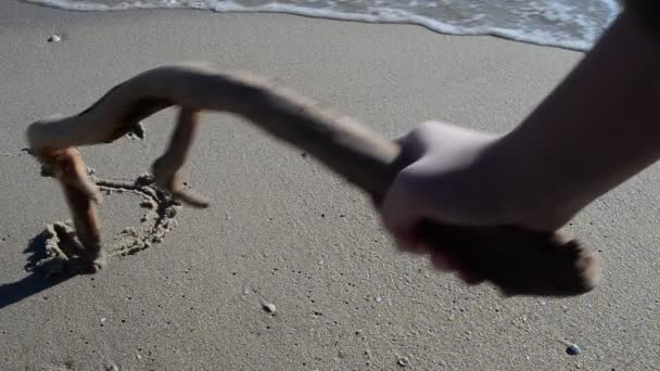 Die Inschrift Sos Auf Sand Schießen Strand — Stockvideo