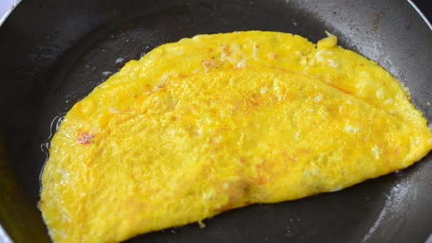 我们煎一个煎蛋卷 煎锅上鸡蛋的煎蛋卷 — 图库视频影像