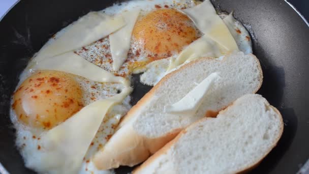 Fry Fried Eggs Sandwiches Shooting Kitchen Process Preparation Dish — Stock Video