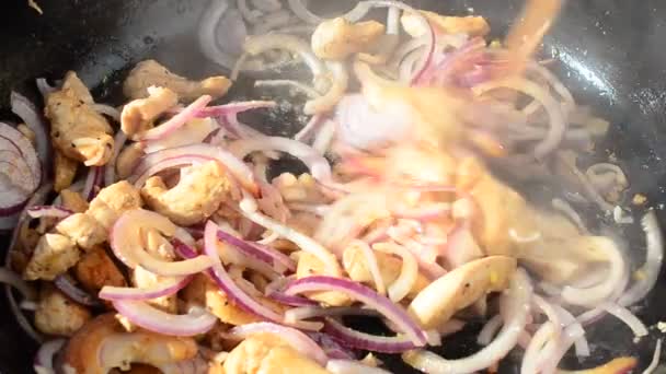 タイ語で鶏肉 鋳鉄製フライパンで調理します — ストック動画