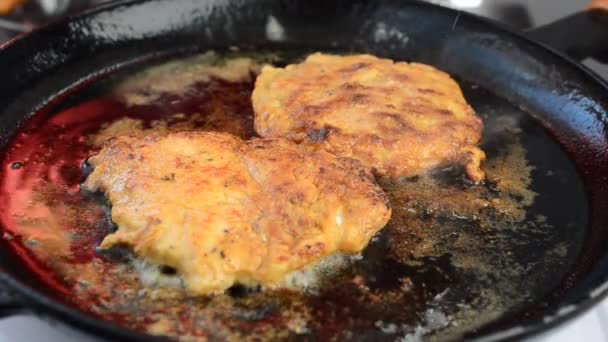 Freímos Chuletas Pollo Proceso Preparación Carne — Vídeos de Stock