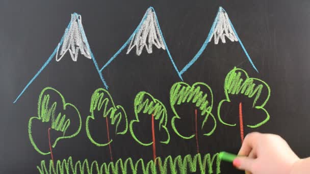 Гірський Пейзаж Малюємо Крейду Дошці — стокове відео
