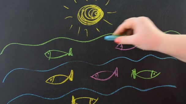 Риби Морі Малюємо Крейду Дошці — стокове відео