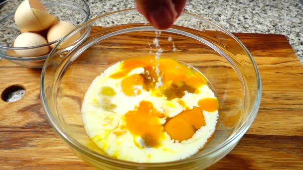 Salt Rash Mix Milk Eggs Omelet Slow Motion — Stock Video