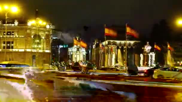 Cibeles Szökőkút Madridban Éjszakai Forgalom Madridban Időeltolódás — Stock videók