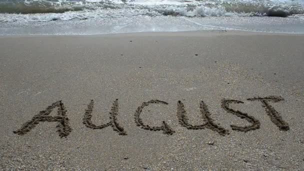 Inschrift Des Monatsnamens Auf Sand Strand Schießen Strand — Stockvideo