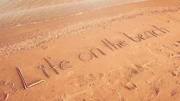Ζωή Στην Παραλία Έννοια Επιγραφή Μια Παραλία Άμμο Επερχόμενο Κύμα — Αρχείο Βίντεο