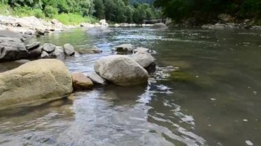 Dağ nehri manzarası. Taşlar ve su.