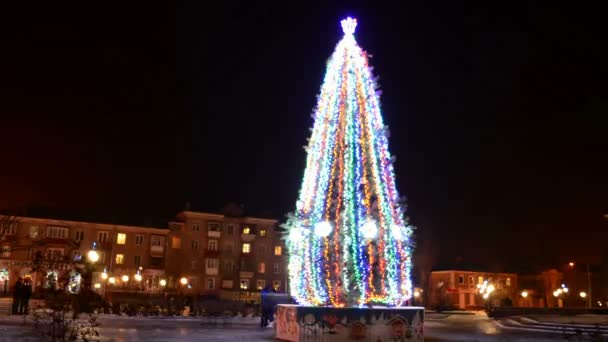 城市里的圣诞树 时光流逝 人们在枞树周围的流动 — 图库视频影像