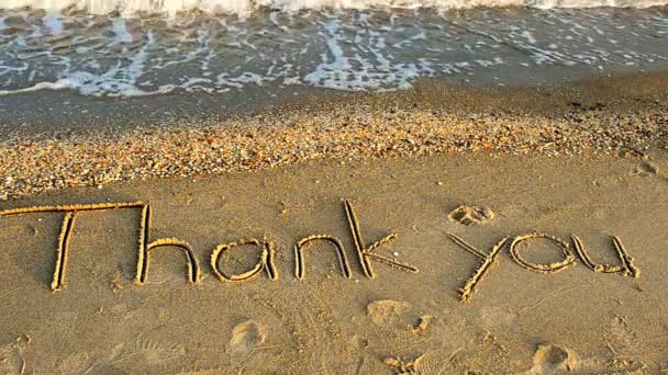 Danke handgeschrieben in Sand am Strand. Schießen am Strand.