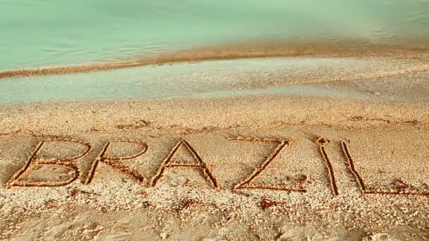Brasile Iscrizione Sulla Sabbia Iscrizione Sulla Sabbia Spiaggia — Video Stock