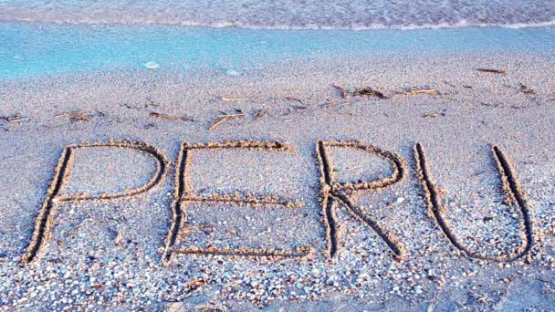 Peru Inscriptie Het Zand Inscriptie Zand Het Strand — Stockvideo
