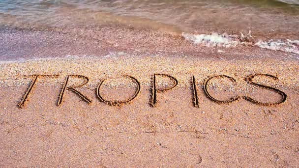 Inscriptie Zand Tropen Een Opschrift Het Strand — Stockvideo