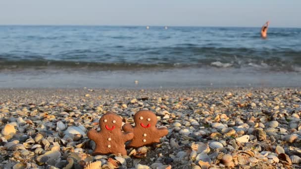 Gingerbread Orang Kecil Pantai Shooting Summer — Stok Video