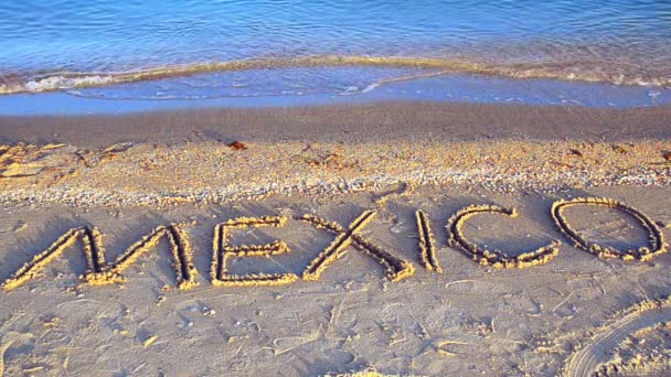 Praia Tropical México Escrevendo Sobre Areia Inscrição Areia Praia — Vídeo de Stock