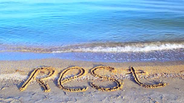 Iscrizione Poggia Sulla Sabbia Sulla Spiaggia Iscrizione Sulla Sabbia Spiaggia — Video Stock