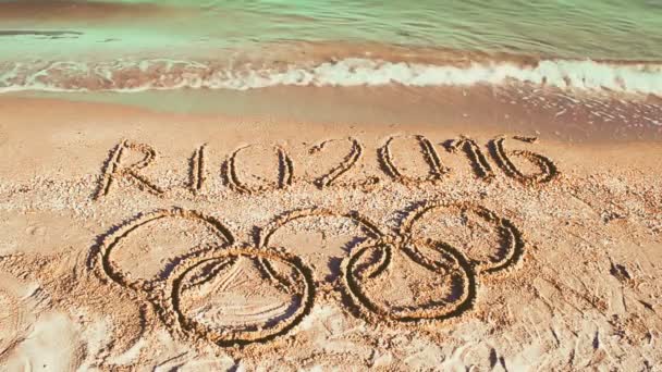 Rio 2016 Napis Piasku Plaży Symbol Olimpijski Gra Piasku Plaża — Wideo stockowe