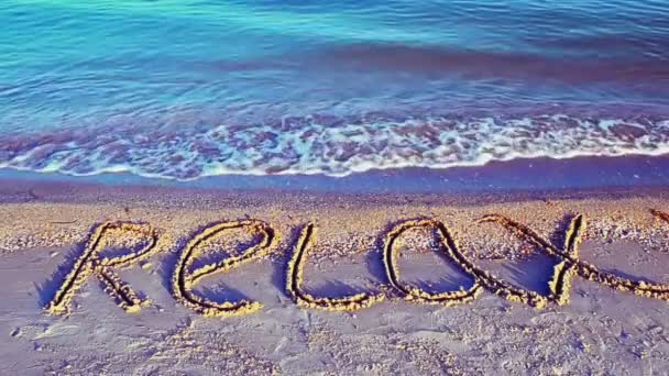 Inschrift Ein Relax Auf Sand Inschrift Auf Sand Der Strand — Stockvideo