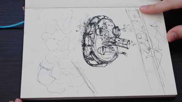 Sfogliamo Quaderno Con Disegni Disegni Schizzi Dell Artista — Video Stock