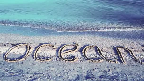 Iscrizione Oceano Sulla Spiaggia Sulla Sabbia Iscrizione Sulla Sabbia Spiaggia — Video Stock